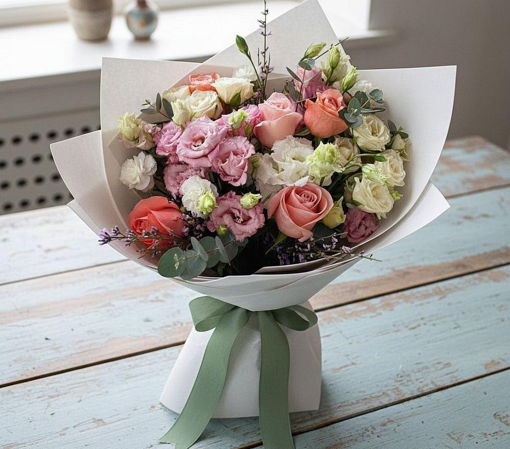 Букет цветов из: Розы, Лизиантусы и Гвоздики в Успенское