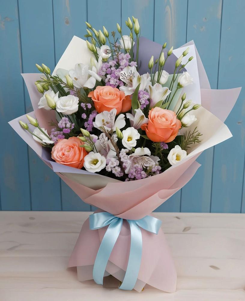 Букет цветов из: Лизиантусы, Розы, Альстромерии и Гипсофила в Успенское