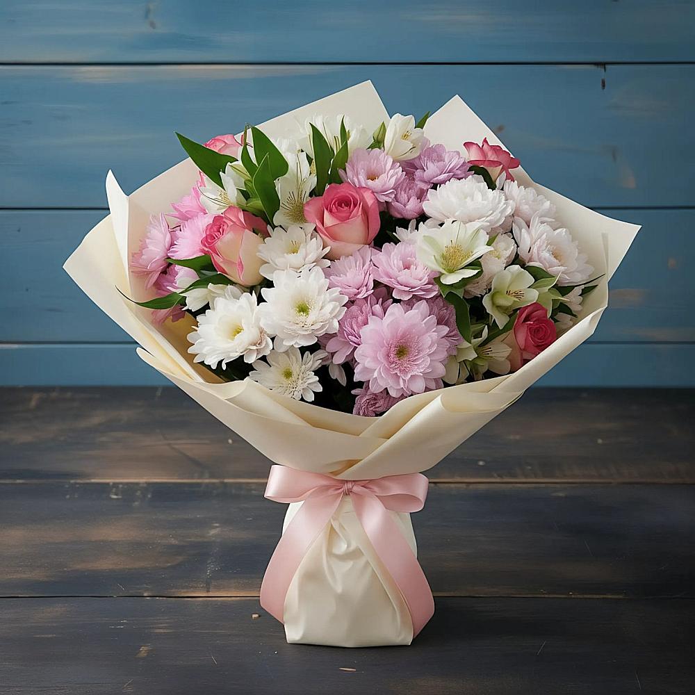 Букет цветов из: Хризантемы, Альстромерии и Розы в Успенское